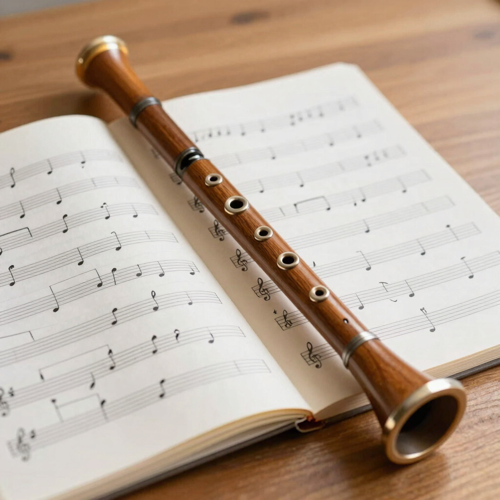 Flauta dulce de madera apoyada sobre una partitura musical abierta