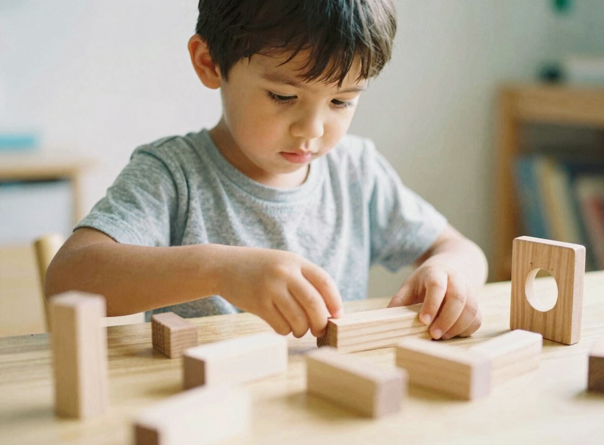 Young child engaging with simple wooden musical rhythm blocks, focused expression, soft natural indoor light