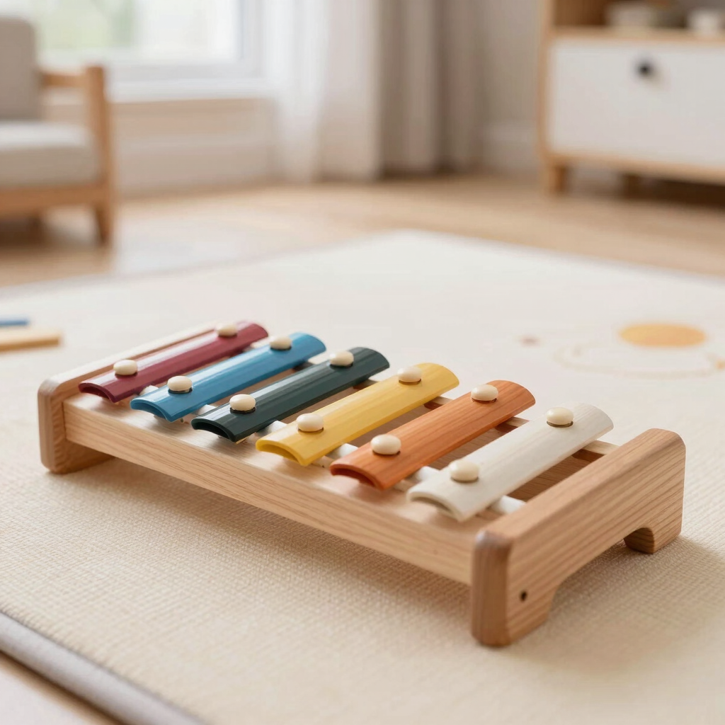 Xilófono infantil de madera afinado sobre una manta de juego