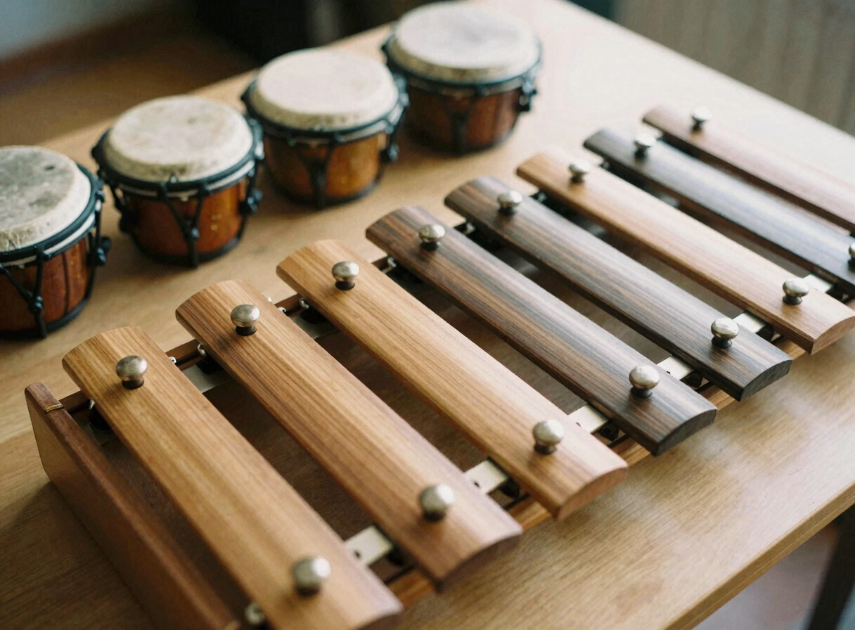 Handcrafted wooden xylophone and small rhythm drums arranged neatly on a warm table