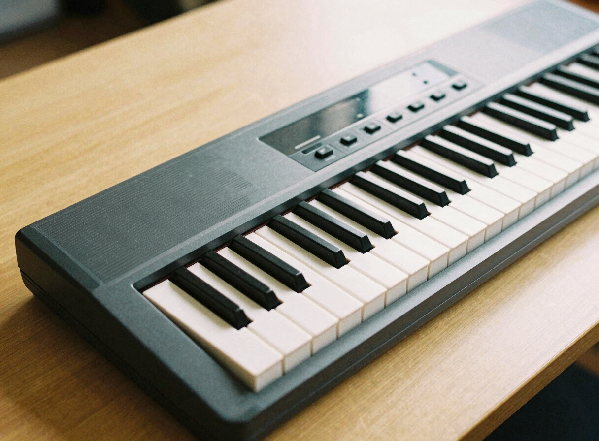 Compact electronic keyboard for young students resting on a clean wooden desk