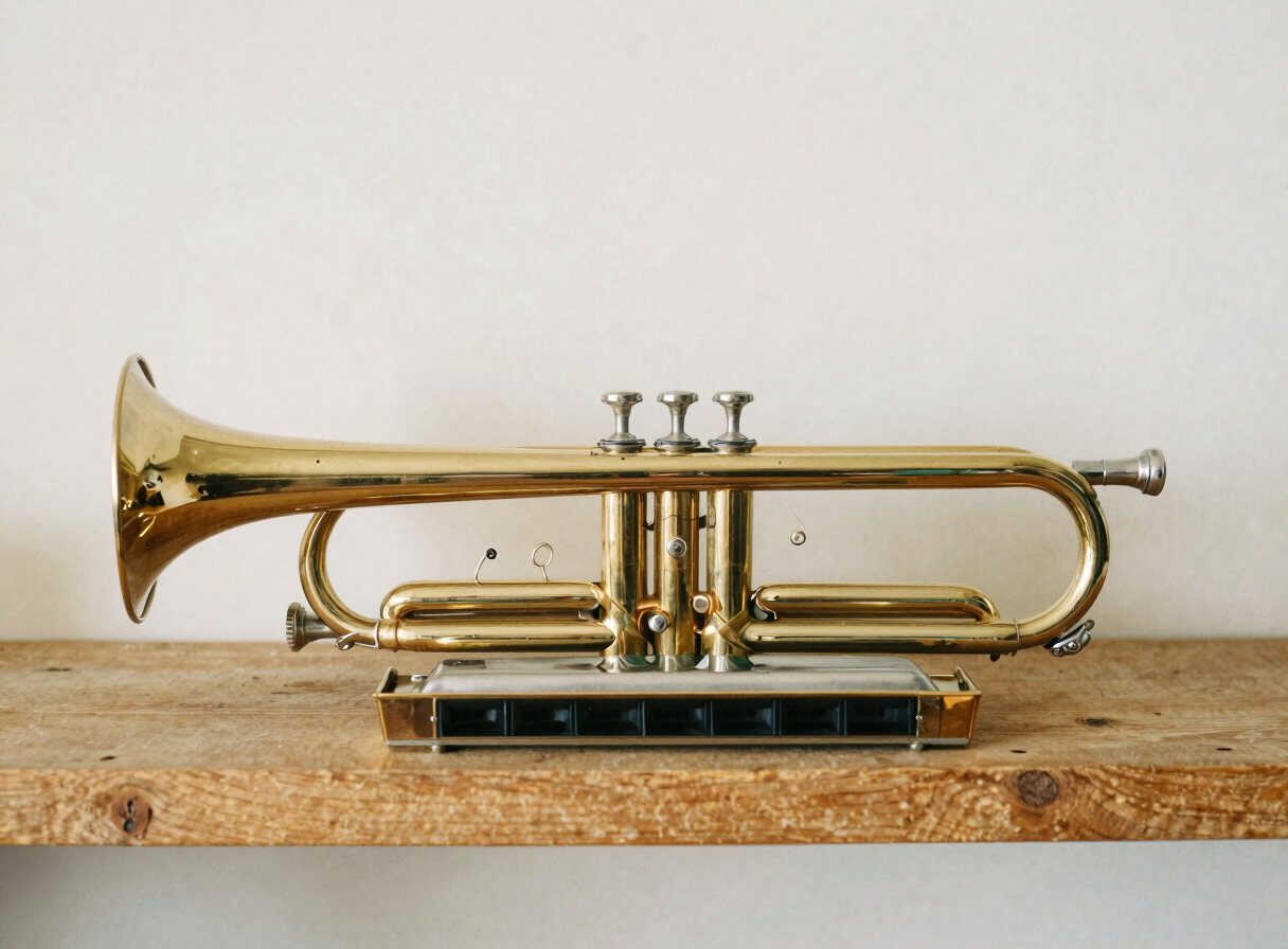 Brass trumpet and small acoustic harmonica placed together on a rustic wooden shelf