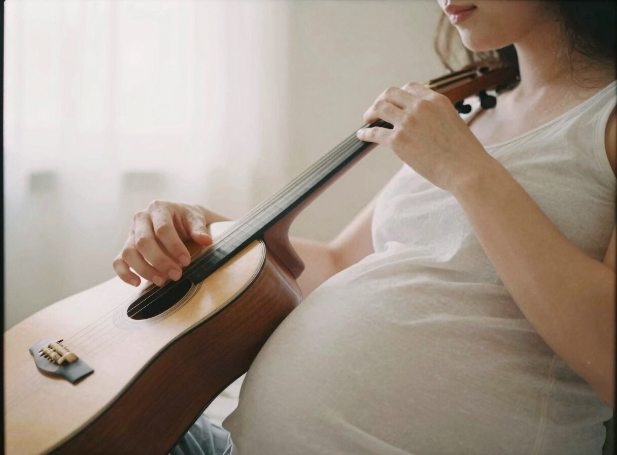 Gentle prenatal musical bonding moment, serene maternal environment with natural light and soft tones