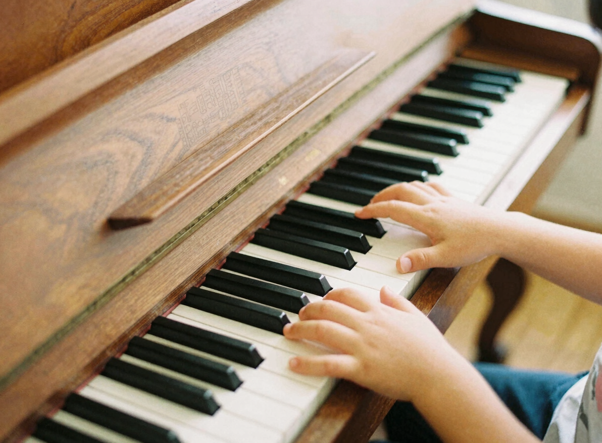 Child hands playing a warm wooden upright piano with close focus on fingers and keys