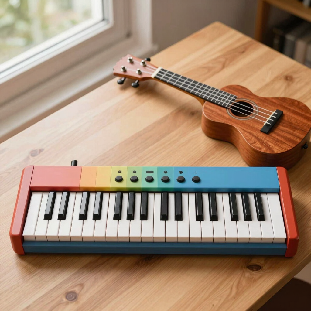Un pequeño teclado electrónico y un uculele sobre una mesa de madera