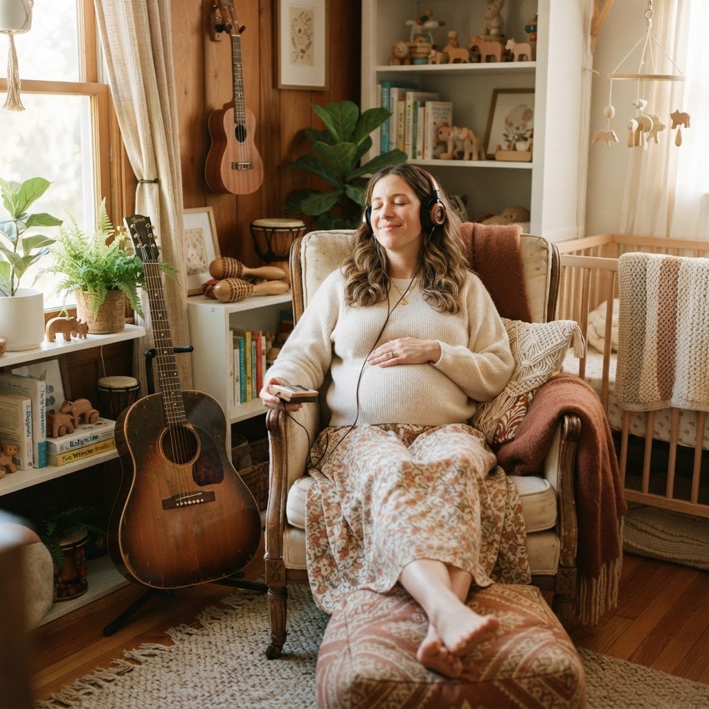 A pregnant mother listening to soothing acoustic music in a bright sunlit nursery with wooden instruments nearby, warm natural light photography