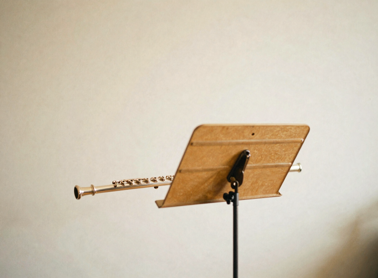 Silver transverse flute resting gracefully on a music stand with warm soft lighting