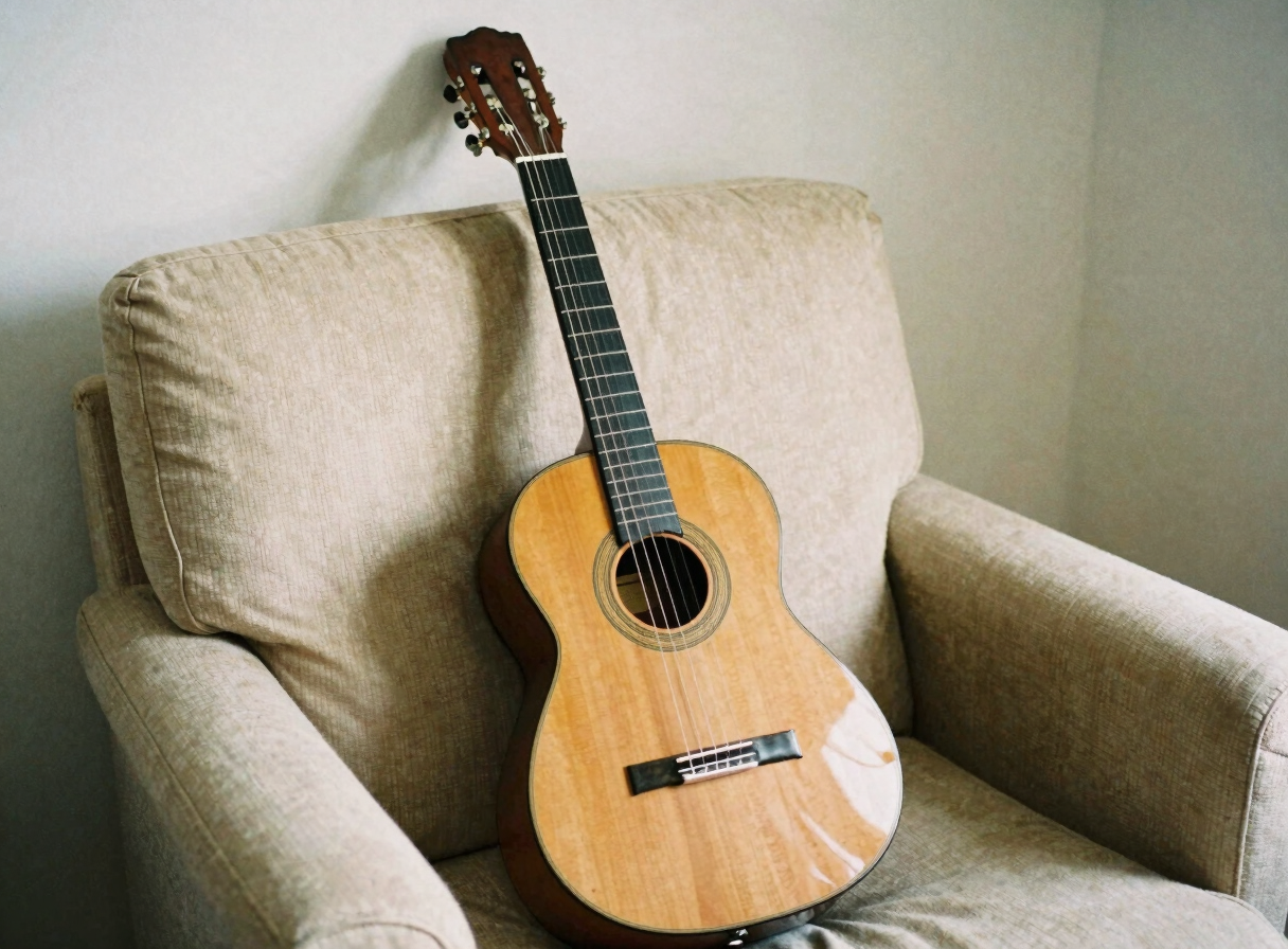 Small classical guitar leaning against a cozy armchair in a quiet music learning nook